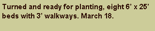 Text Box: Turned and ready for planting, eight 6� x 25� beds with 3� walkways. March 18. 
